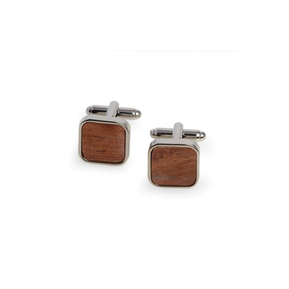 Wood Rhodium Plated Cufflinks - Silver & Brown