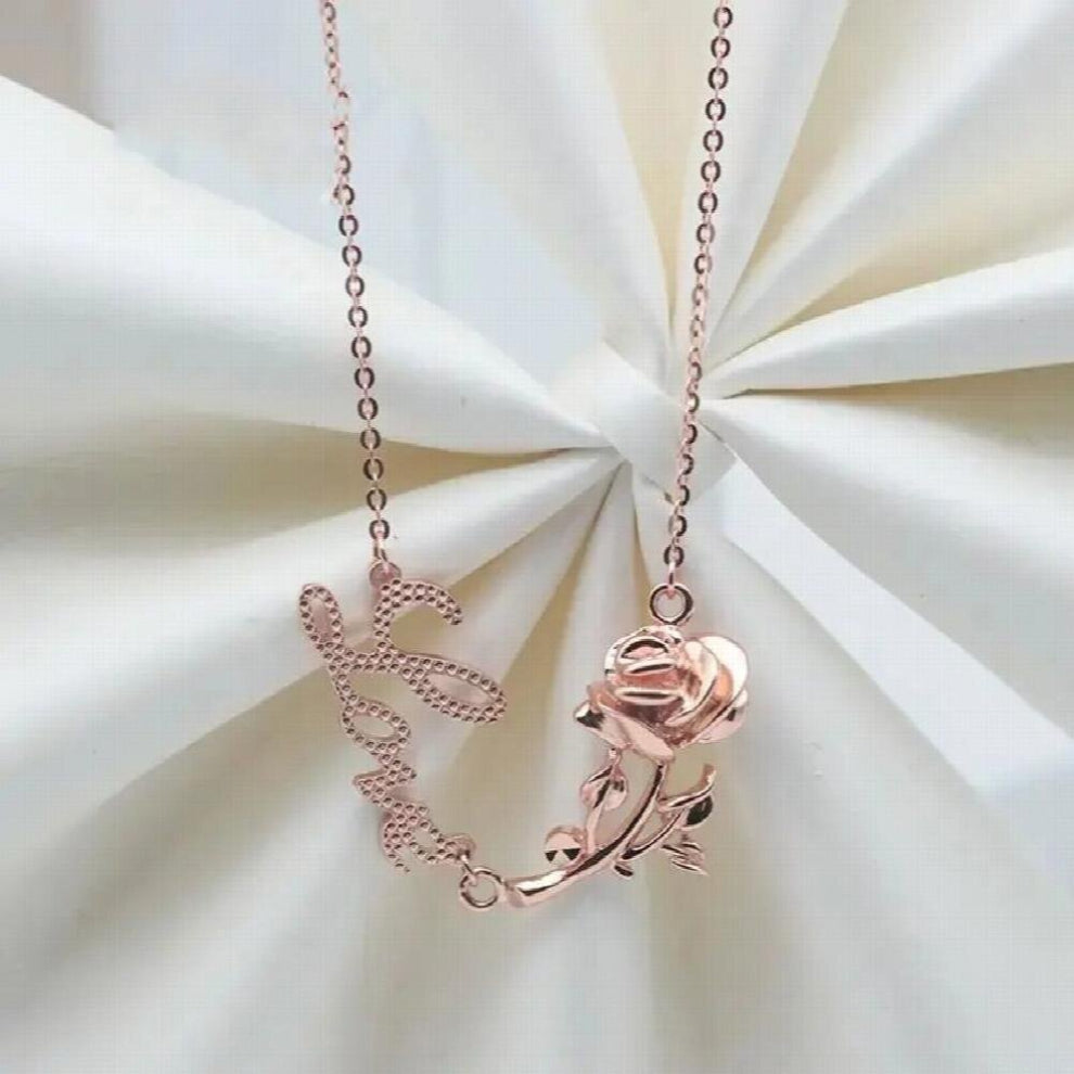 585 Purple Glossy Rose Flower Letter Necklace Pendant 14K Rose Plated Sweet Light Wedding Jewelry