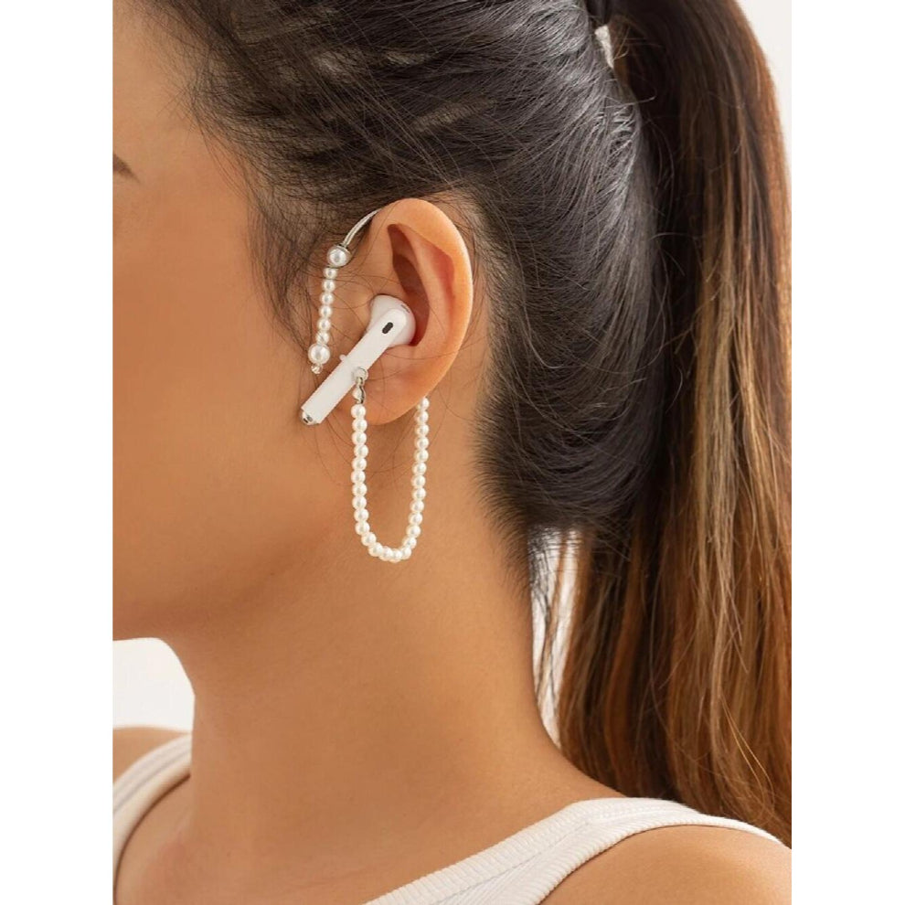 Vintage Pearls Anti-Lost Ear Clip Bluetooth Earphone Holders for Women Tassel Ear Hanging Clip Earrings