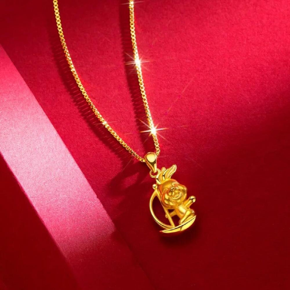 Pure 24K Yellow Pendant NecklaceSports Bunny Pendant Real 18K Chain for Women Fine Jewelry Christmas