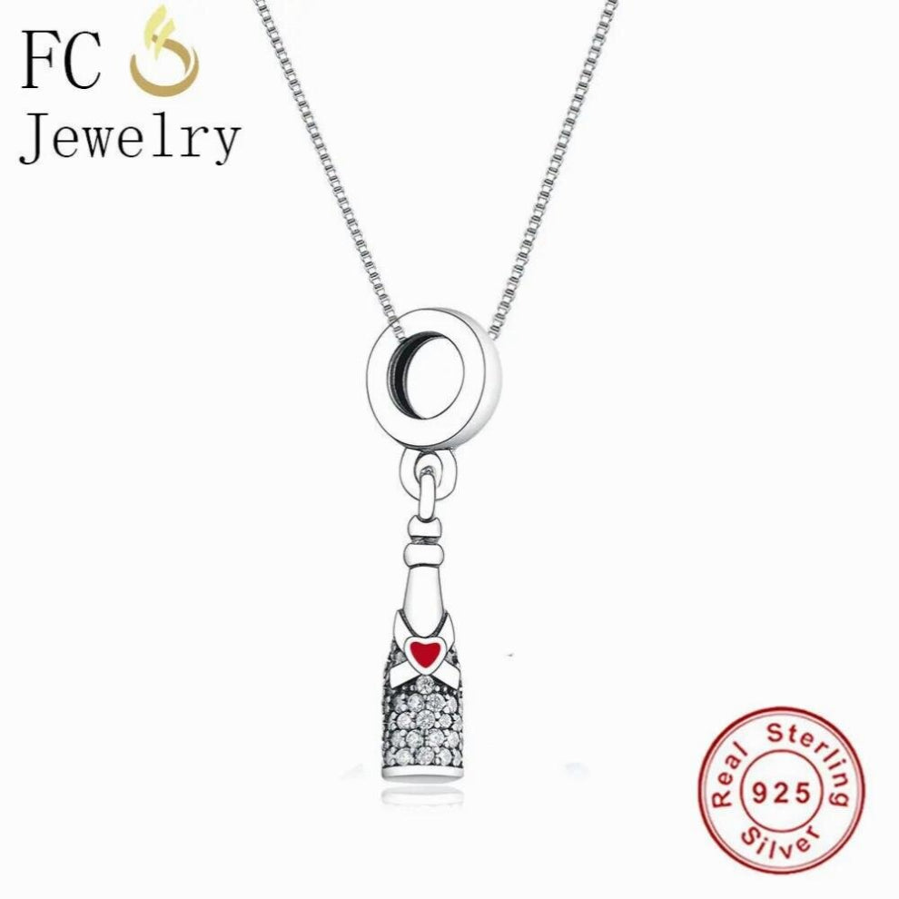 Jewelry 925 Silver Breast Cancer Awareness Beer Champagne Bottle Pendant Necklace Women Girl Choker Love Heart Zircon Trinket