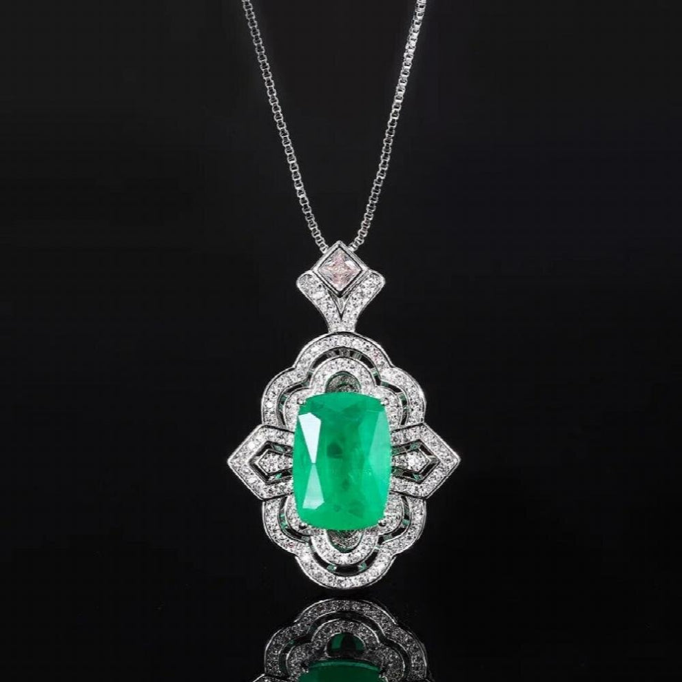 Female Paraiba Gemstone Pendant Necklace Vintage Hollow Chokers Chain Party Cocktail Jewelry Gift
