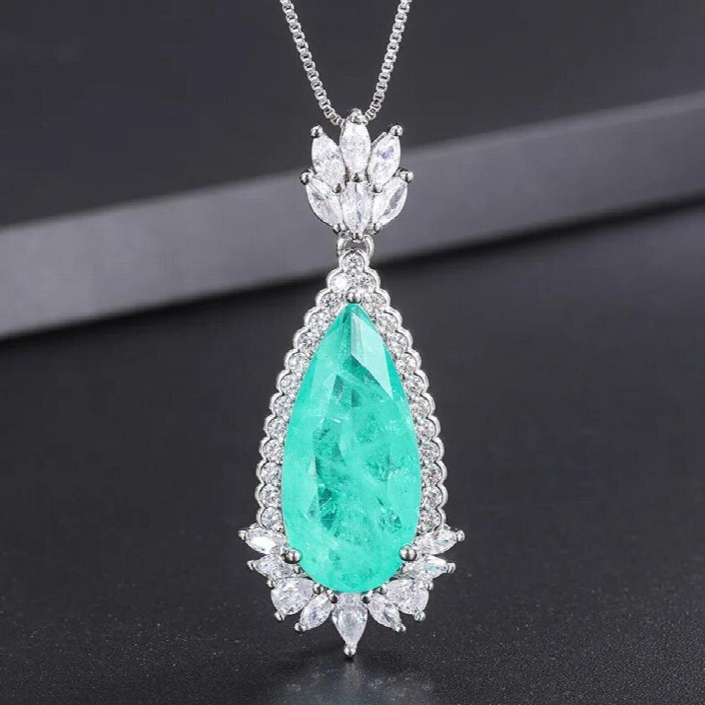 Vintage Water Drop Paraiba Aquamarine Pendant Necklace for Women Noble Brazilian Tourmaline Emerald Jewelry Chokers