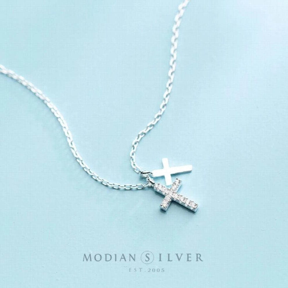 Zircon and Glossy Cross Pendant Necklace for Women Pure 925 Sterling Silver Long Chain Necklace Jewelry