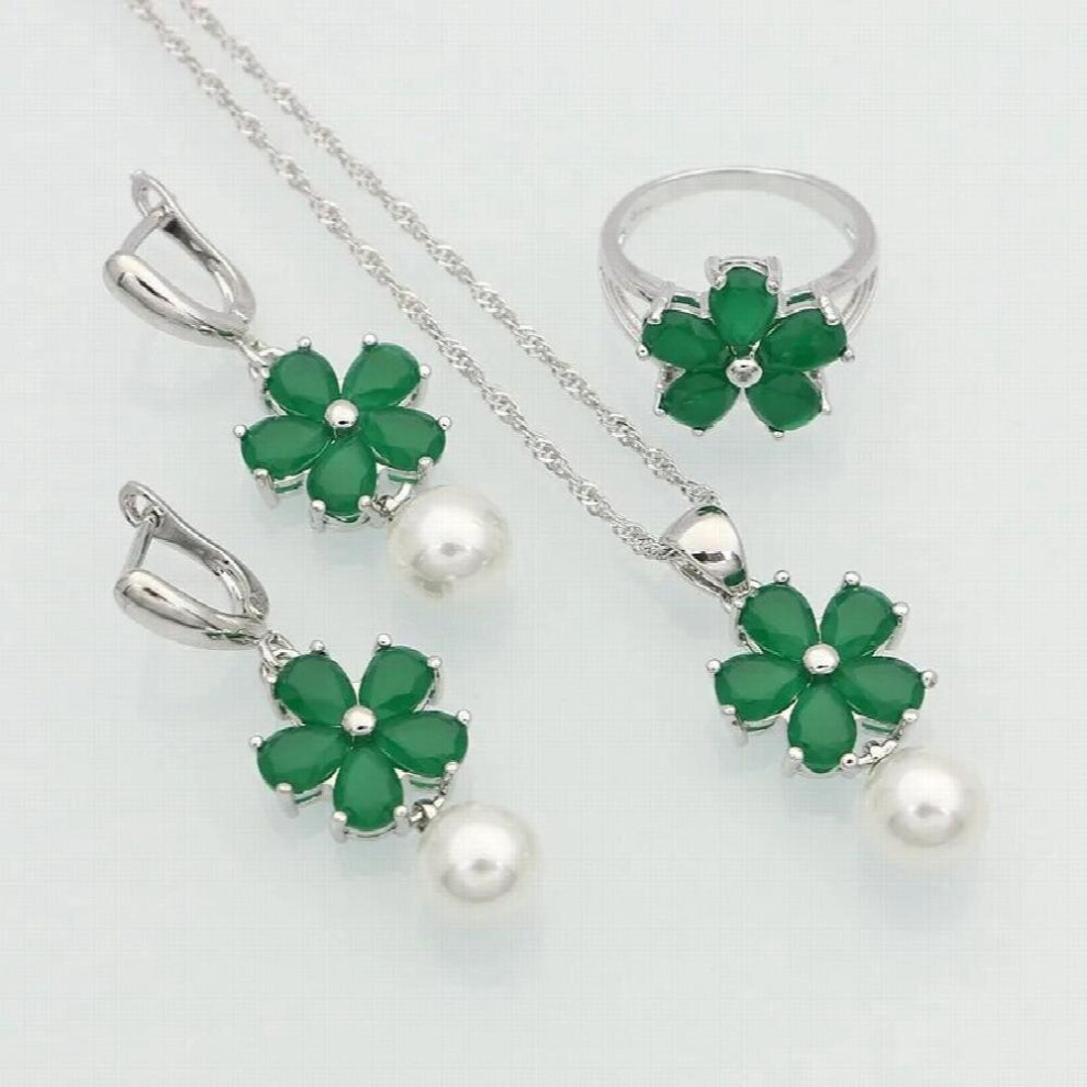 925 Sterling Silver Jewelry Green Created Emerald Pearls Jewelry Sets For Women Anniversary Earrings-Pendant-Necklace-Ring