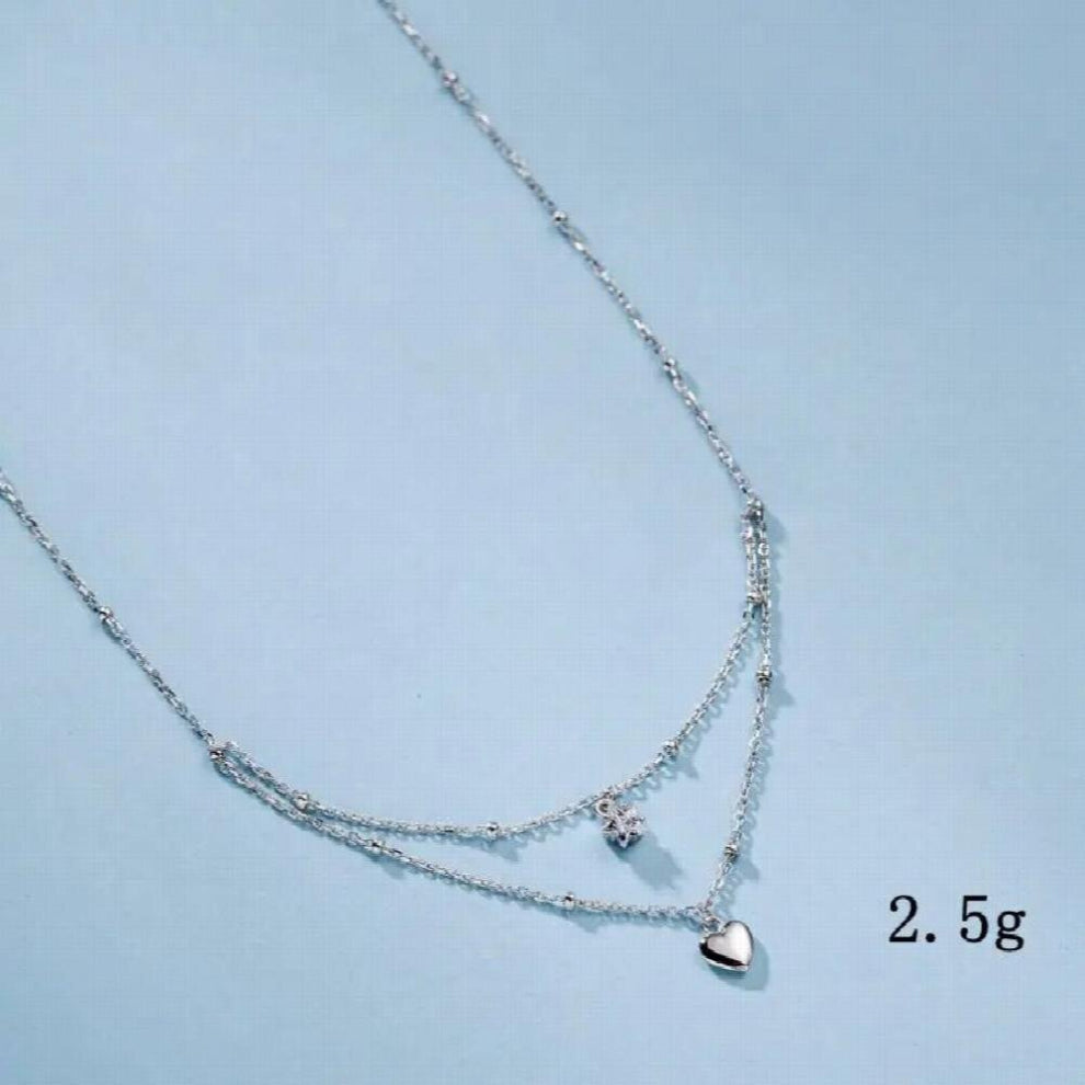 925 Sterling Silver Double Layer Star Heart Necklace Zircon Pentagram Glossy Pendant Necklace for Women Jewelry Charm