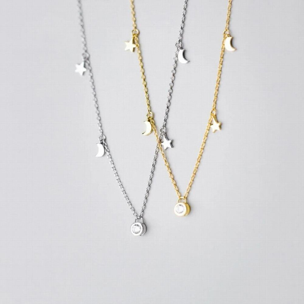 925 Sterling Silver Small Moon Star Pendant Necklaces for Women Star Chokers Necklace Silver Jewelry