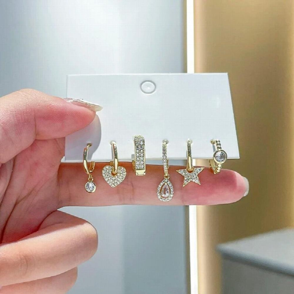 Silver Full Paved Zircon Square Heart Star Water Drop Pendant Hoops Female 6-piece Earring Set