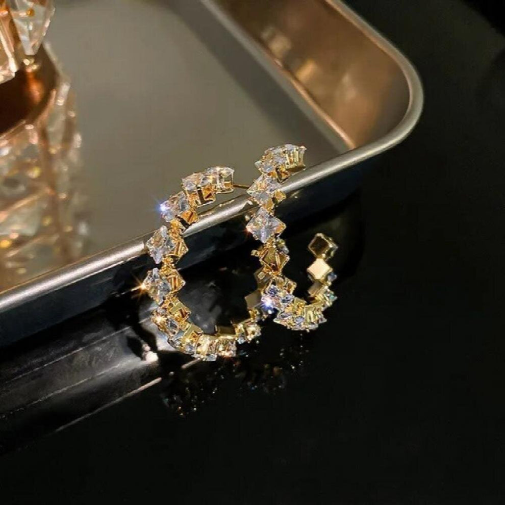 High Inlay Hoop Earrings Round Green Zircon Crystal Earrings for Women Engagement Party Jewelry