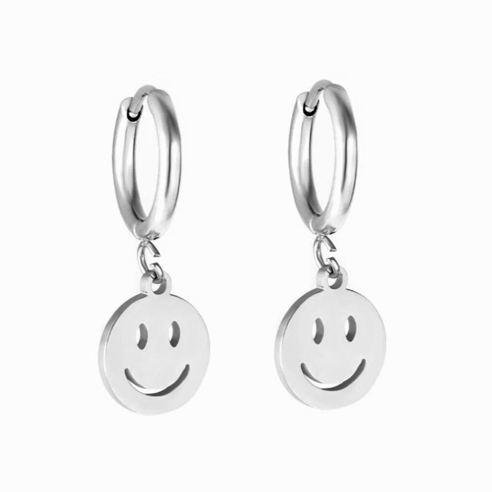 Plated Silver Round Hollow Smile Face Hoops Earrings For Women Gilrs Happy Pendant Drop Earring