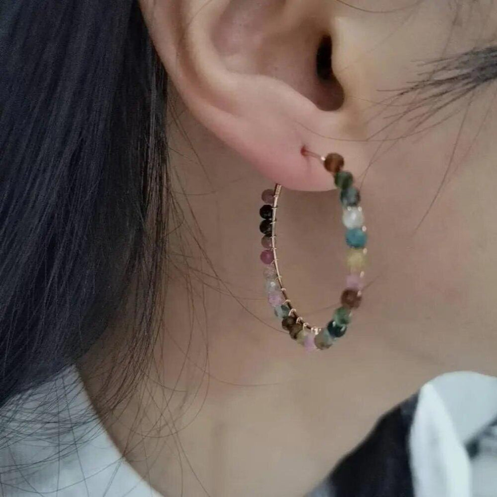 Rainbow Tourmaline Earrings Boho Hoops Faceted Natural Stones Statement Jewelry Wire Wrap Unique Circle Women Earrings