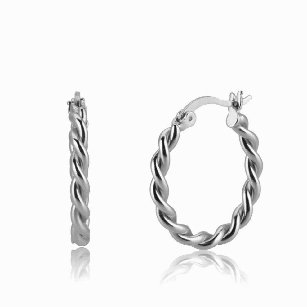 100% 925 Sterling Silver Big 20mm Twist Hoops Pendiente Screw Women Circle Round Earring Jewelry