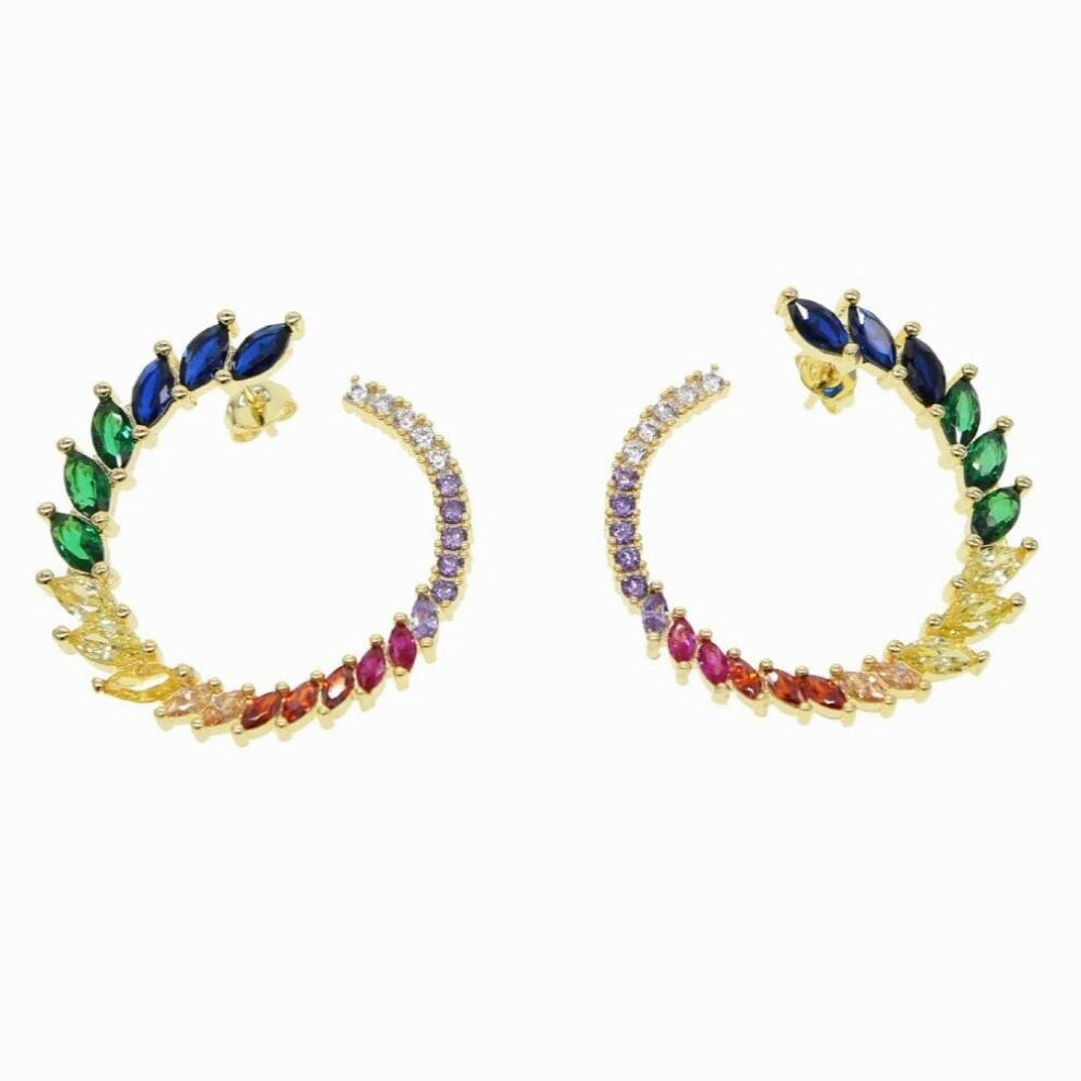 colorful cz paved rainbow earring silver cirle leaves bling sparking cz hoops jewelry