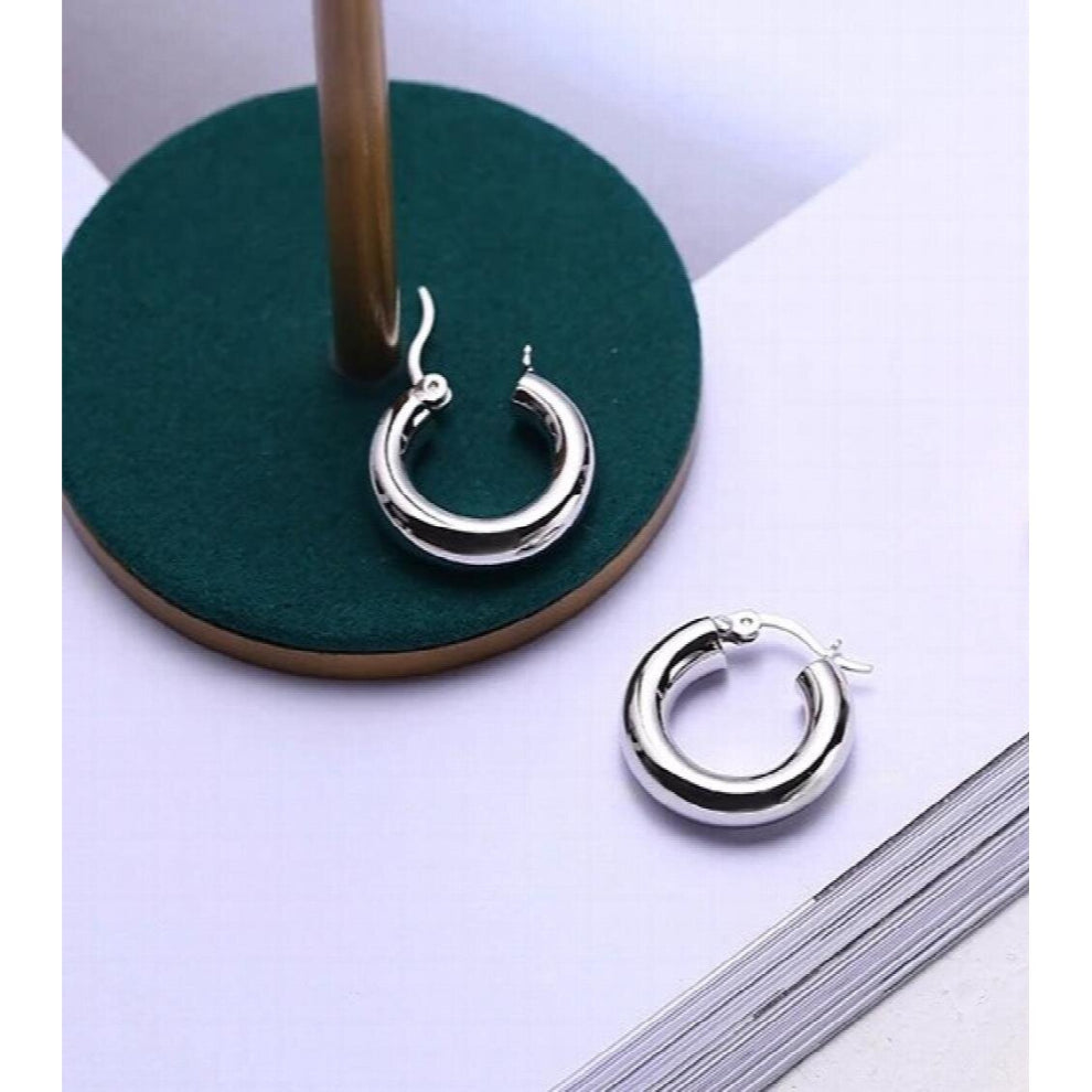 925 Sterling Silver Thick Hollow Tube Hoop Earrings Round Glossy Minimalist Earrings for Women Stylish Jewelry