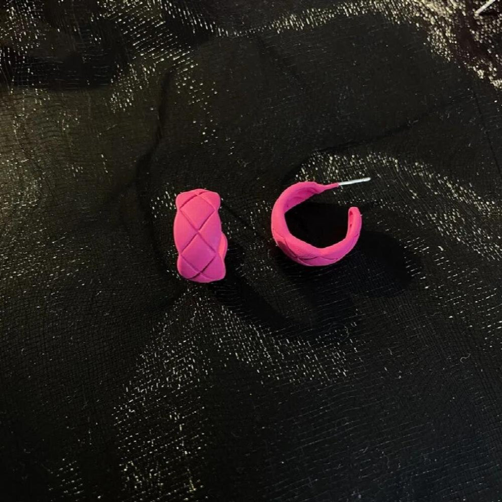 Candy-colored Geometric Square Hoop C-shaped Earrings Fluorescent Rose Red Earless Ear Clips for Women