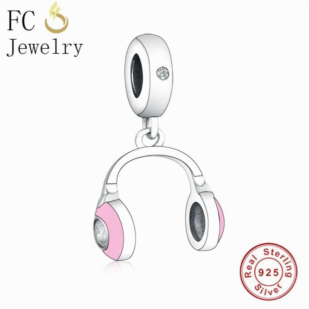 Jewelry Fit Charm Bracelet 925 Sterling Silver Pink Enamel Headphone Zirconia Crystal Beads Kids Berloque