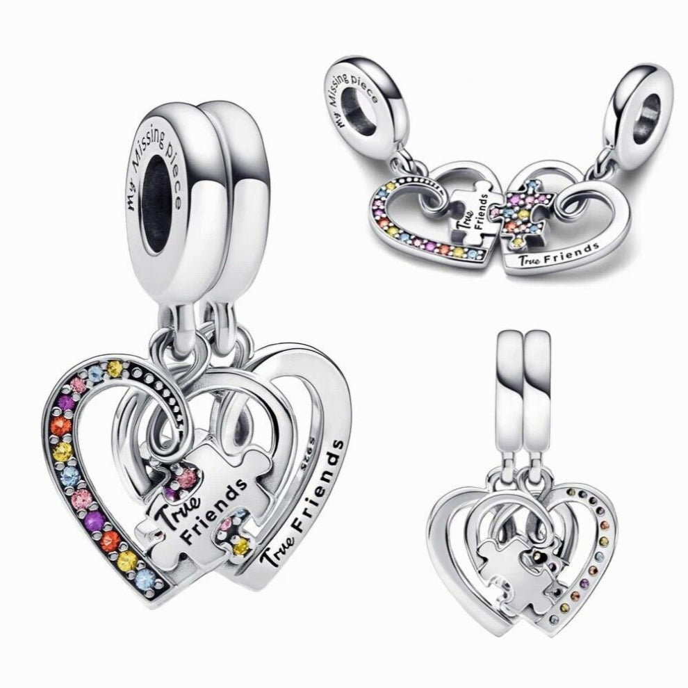 925 Silver Puzzle Heart Detachable Friendship Pendant Charms Bead DIY Woman Jewelry Fit Bracelets