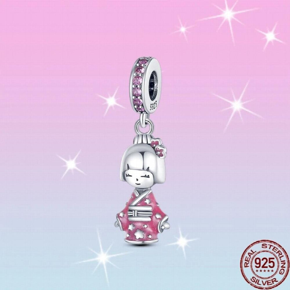 Silver Pink Kimono Girl Charm&Bead Fit Bracelet&Bangle Making Jewelry