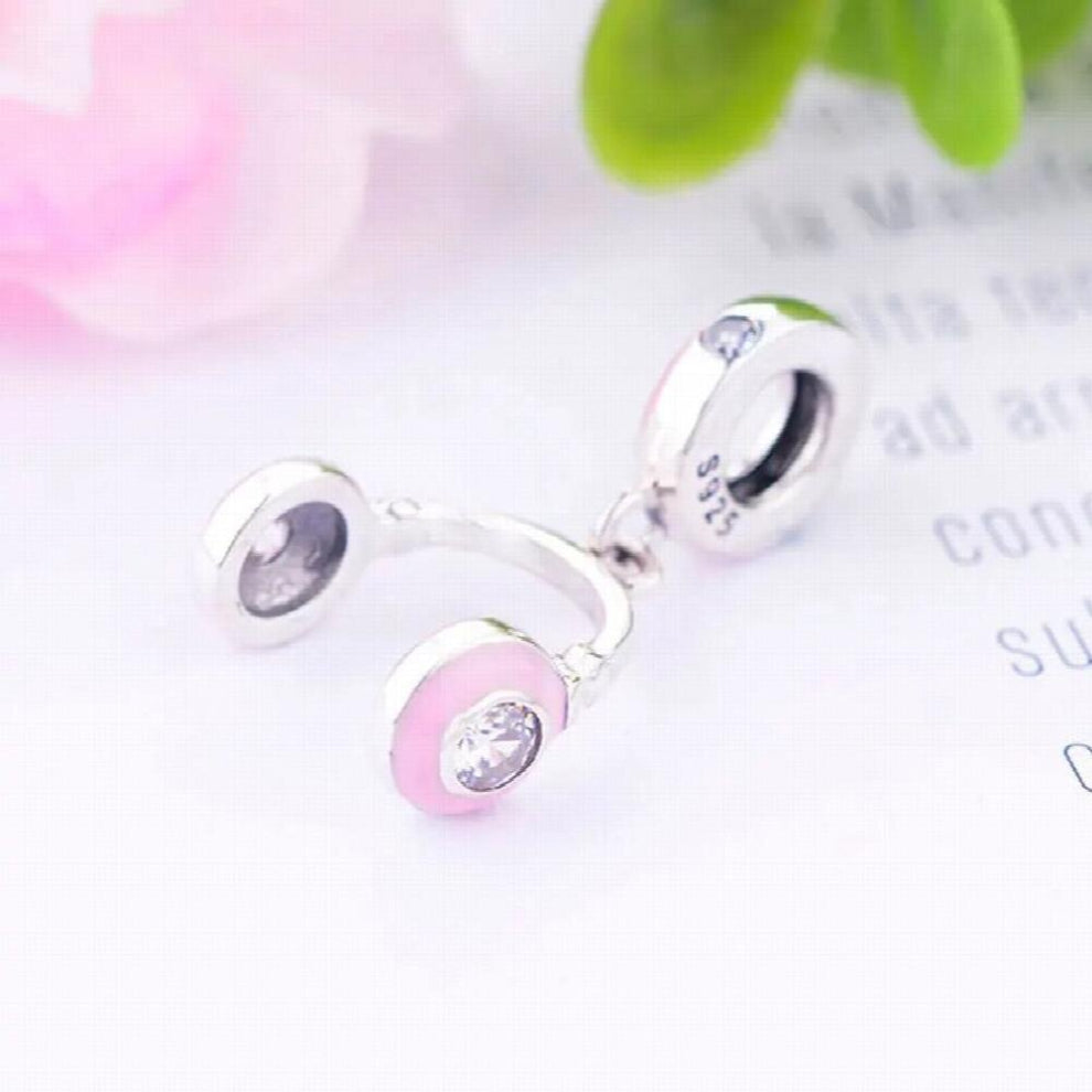 Music Note Pink Headphone Fit Pan Charm Bracelet Necklace 925 Sterling Silver Pendant Beads Making Enamel Berloque