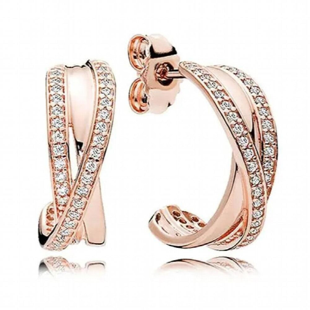 925 Sterling Silver Sparkling Rose Entwined Circles With Crystal Hanging Earrings For Women Wedding Jewelry