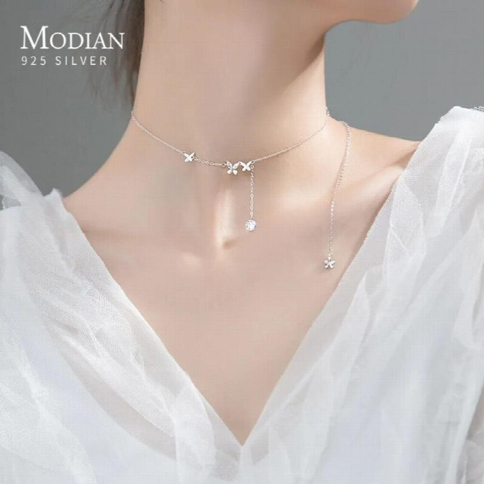 Dancing Butterfly Tassel Zirconia 925 Sterling Silver Link Chain Chokers Necklace for Women Fine Jewelry