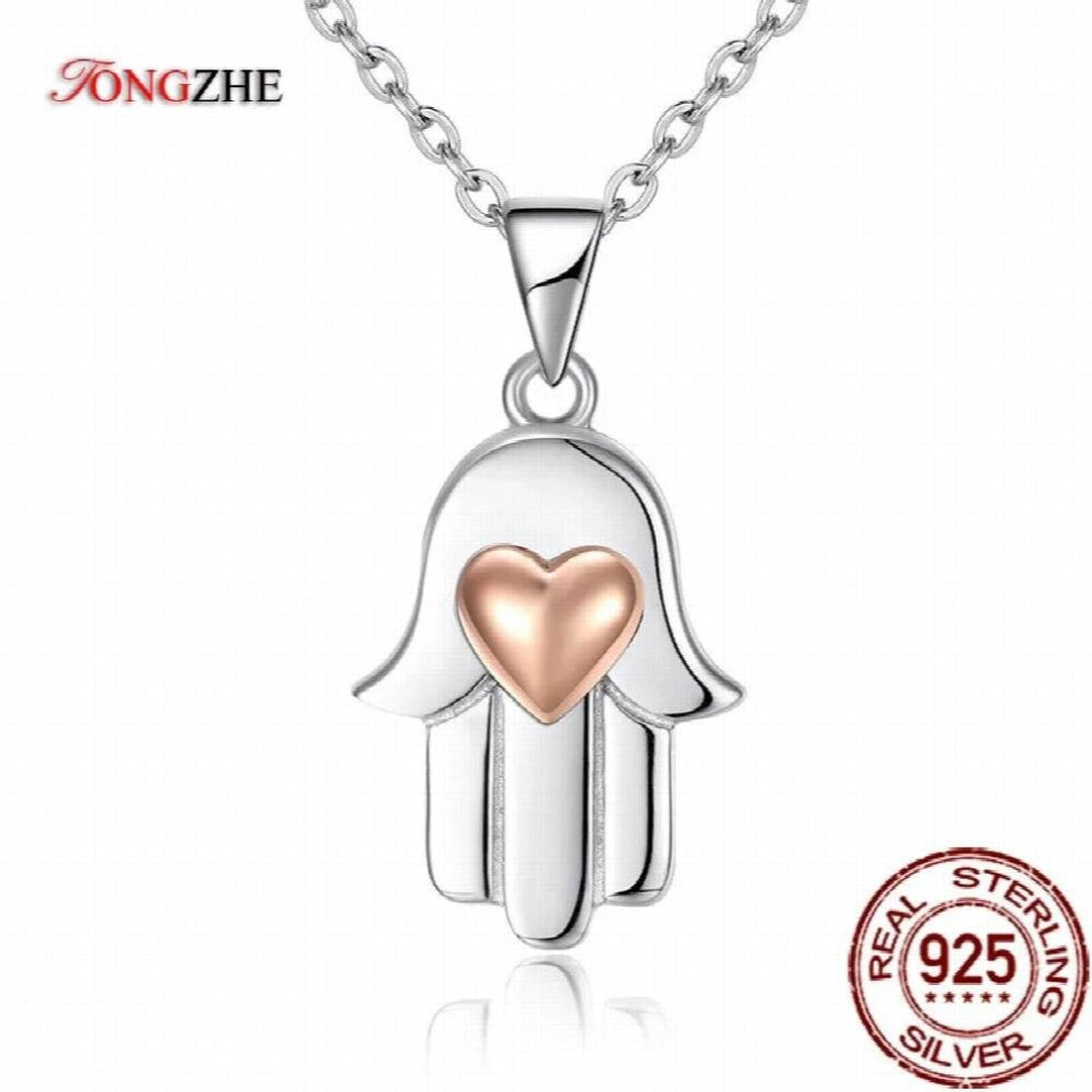 100% 925 Strerlng Silver Heart Love Pendants&Necklace Lucky Hamsa Women Jewelry KLTN075-1