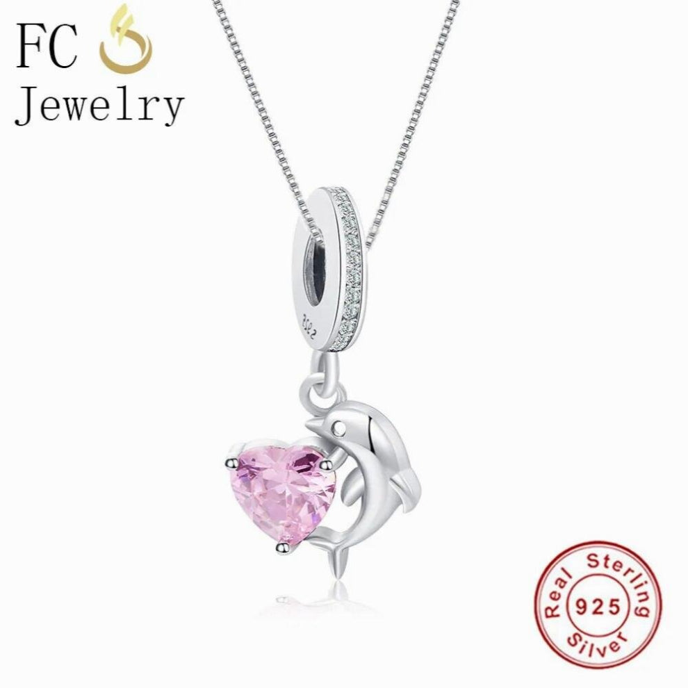 Jewelry 925 Sterling Silver Sea Animal Dolphin Pink Heart Zirconia Pendant Necklace Chain European Women Girl Chokers Trinket