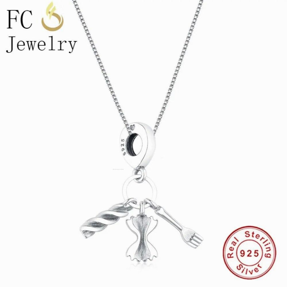 Jewelry 925 Sterling Silver Pasta Food Fork Bow Tie Pendant Necklace Chain European Women Chokers Girl Trinket