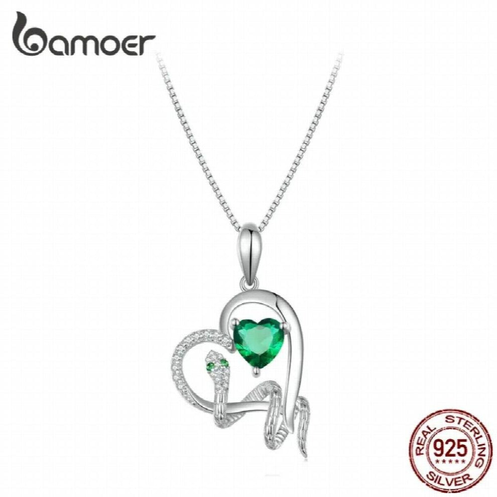 925 Sterling Silver Delicate Green Zircon Heart Pendant Necklace Snake Intertwine Love Neck Chain for Women Fine Jewelry