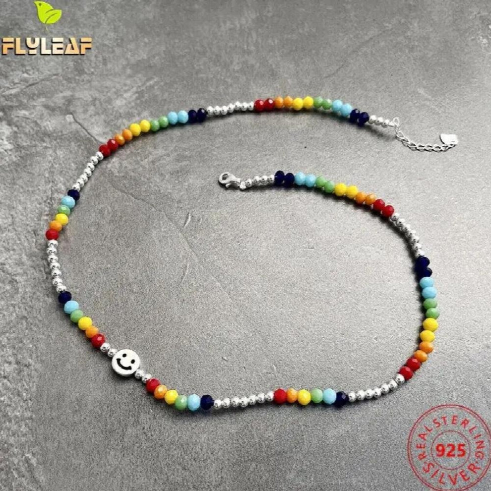 925 Sterling Silver Jewelry Rainbow Smiley Bead Chokers Necklaces Women Femme Accessories