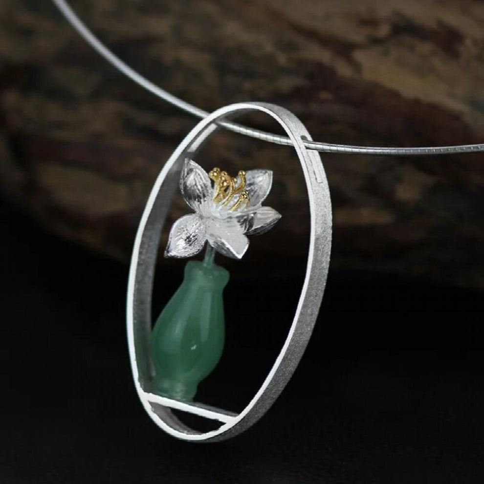 Natural Aventurine Vase Flower Choker Necklace For Women Vintage 925 Sterling Silver Pendant Jewelry Accessories