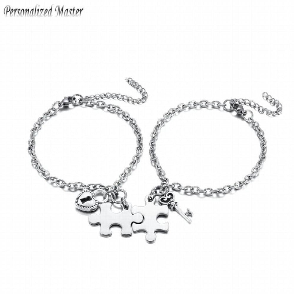 Name Puzzle Bracelet With Heart Key Couple Bracelets Stainless Steel Engrave Words Lover Bracelet