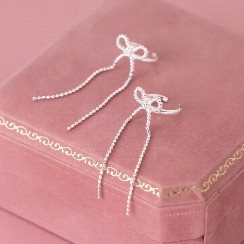 Real 925 Sterling Silver Bowknot Tassel Ear Cuffs Non-Pierced Cartilage Earrings Clips Hypoallergenic Jewelry for Women