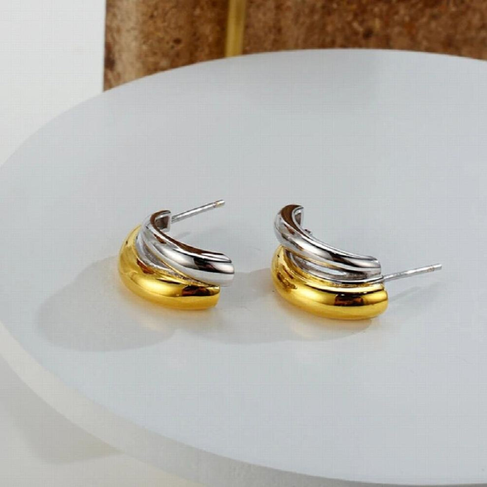 925 Sterling Silver Pure Glossy Double-Colors Stud Earrings Arc-Shaped Silver 925 Fine Jewelry