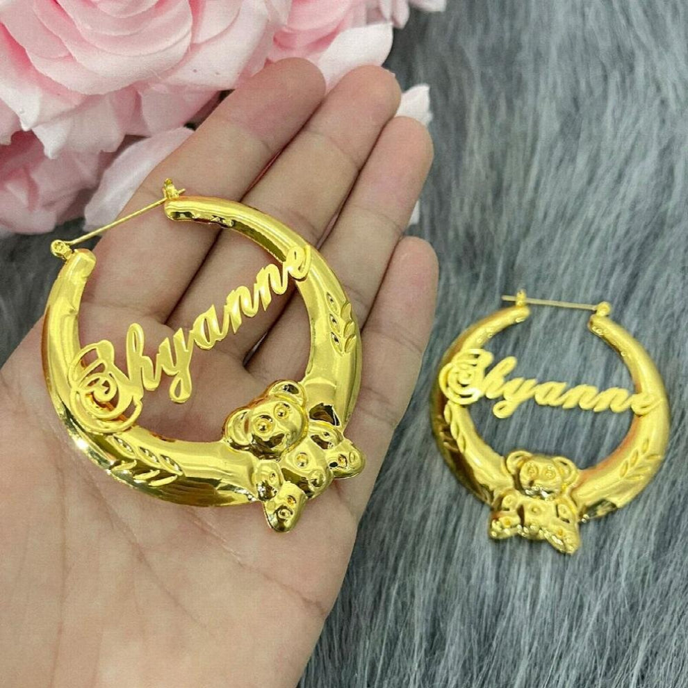 Stainless Steel Name Hoops Name Bamboo Earring Bear Letter Bamboo Earrings Women Jewelry Earring