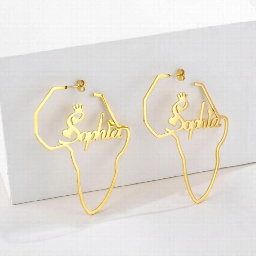 Name Earrings with Crown Africa Map Earring Stainless Steel Personalized Nameplate Hoops for Women Christmas
