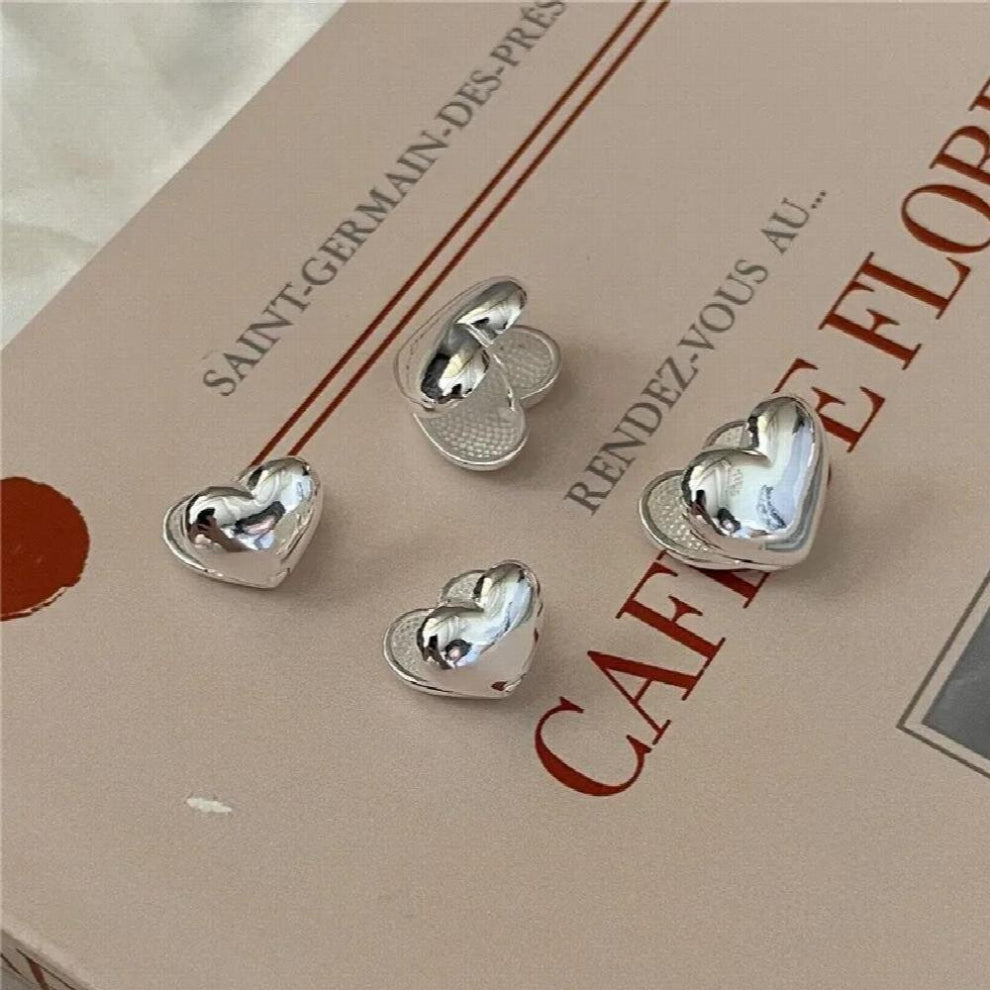 Real 925 Sterling Silver French Style Glossy Love Heart Clip On Earrings Retro Jewelry for Women Hypoallergenic Earring