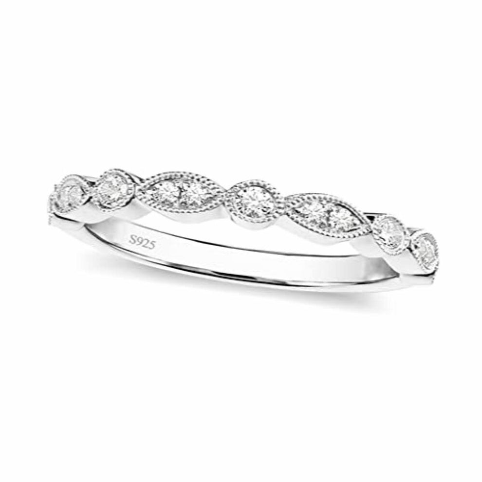 Trumium 925 Sterling Silver Wedding Band for Women Cubic Zirconia Marquise & Round Milgrain Half Eternity Stackable Ring