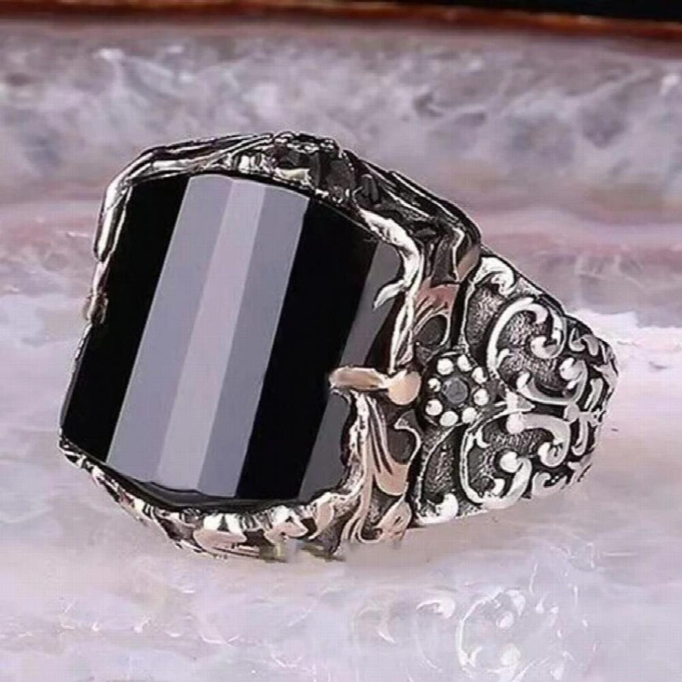 Vintage Signet Rings for Men Punk Silver Metal Inlaid Stone Motor Biker Ring