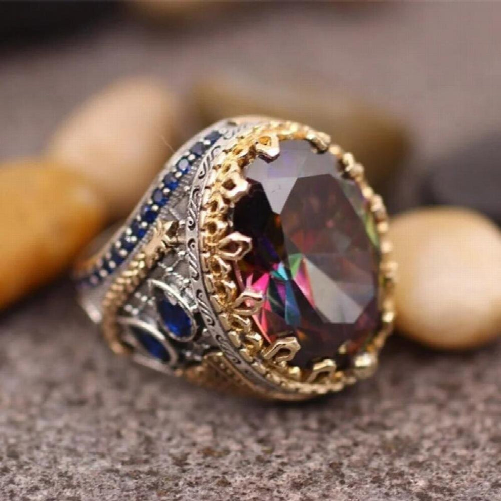 Mens Vintage Craftsman Engraving Metal Ring Colorful Zircon Inlaid Business Punk Biker Ring