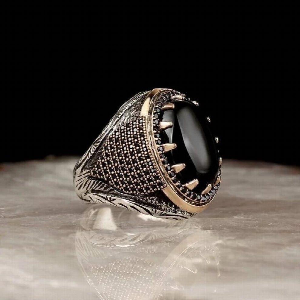 Vintage Signet Rings for Men Metal Two Tone Carved Zircon Punk Motor Biker Ring Jewelry