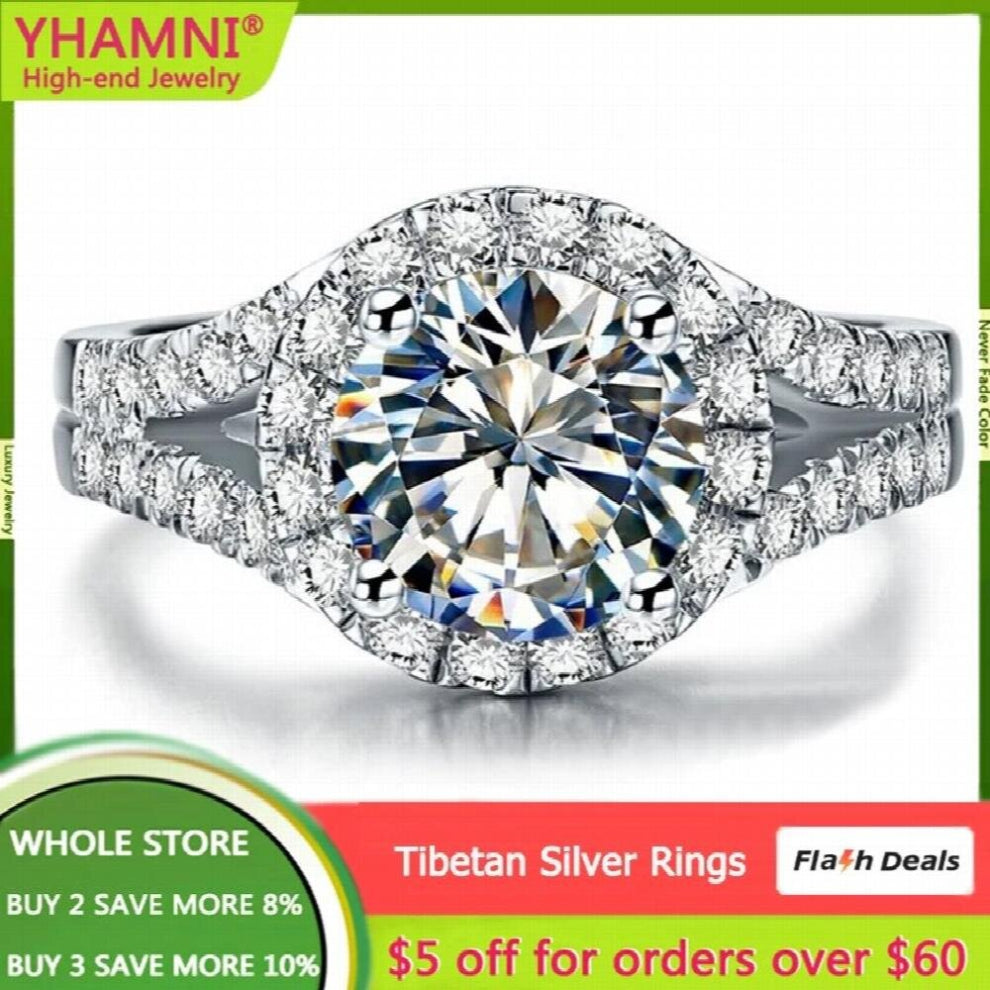 Tibetan Silver Rings for Women Natural 2.0ct Cubic Zirconia Wedding Engagement Band Gift Jewelry Accessories