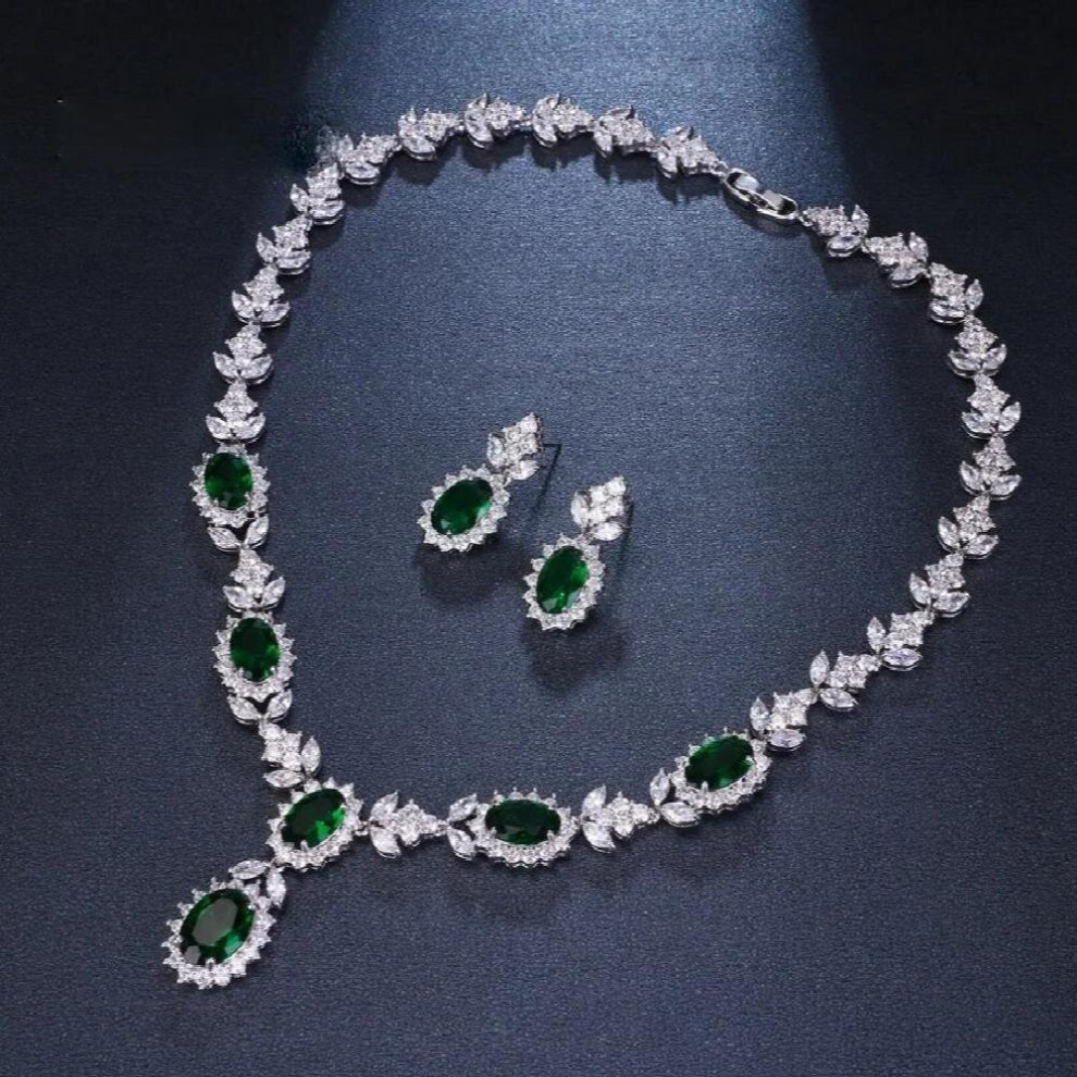 Silver Bridal Jewelry Sets for Women Green Oval Crystal Chokers Wedding Necklace Earrings Bangles Sets Gift