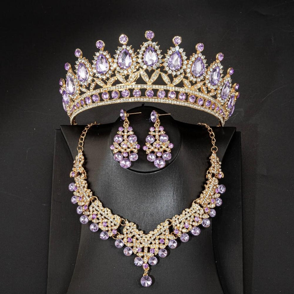 Pink Purple Crystal Bridal Jewelry Sets for Women Crown Earrings Chokers Necklace Wedding Tiaras Bride Dubai Jewelry Sets