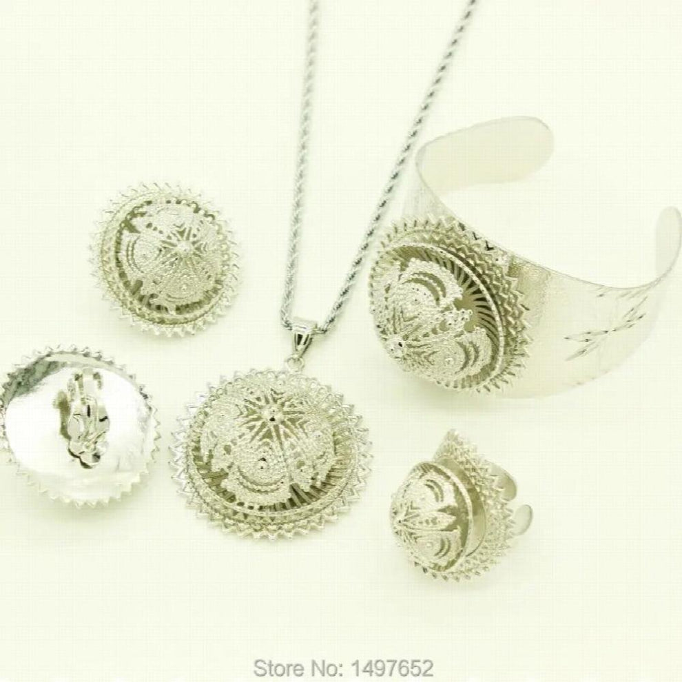 Big Size Ethiopian jewelry sets Silver Plated Pendant-Necklace-Earrings-Ring-Bangle African-Ethiopian Women Bridal Wedding