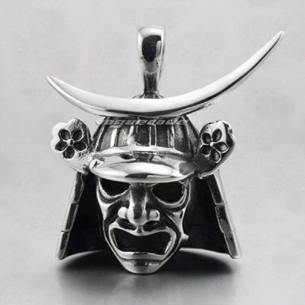 Solid 316L Stainless Steel Japanese Samurai Helmet Mask Pendant Bikers Retro Armor Pendant 4P013 + Leather or Steel Necklace