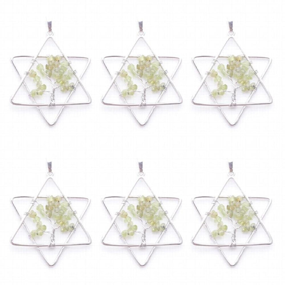 6Pcs Tree of Life Pendants Natural Gem Chips Stone Olivine Chakra Reiki Five Pointed Star Metal Merkaba Jewelry TN3808