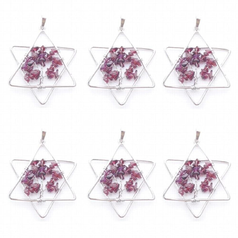 6Pcs-Lot Tree of Life Pendants Women Man Jewelry Natural Garnet Chips Stone Chakra Reiki Five Pointed Star Metal Merkaba TN3805