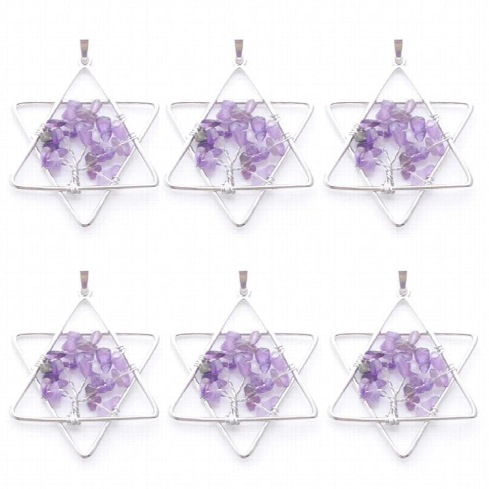 6Pcs Natural Amethysts Chips Stone Tree of Life Pendants Chakra Reiki Five Pointed Star Metal Merkaba Jewelry TN3804