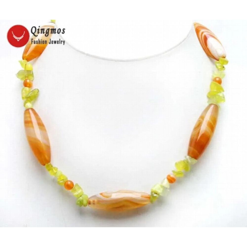 Qingmos Natural 10*42mm Stripe Red Olivary Agates Necklace for Women with 7mm Green Baroque Peridot Chokers Necklace 17 n5979